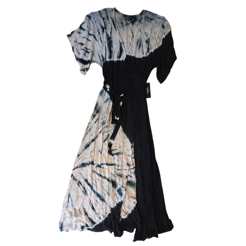 Lulus Maxi Dress Needed Me Black Tie-dye  NWT size M Kimono, Side Slit, New